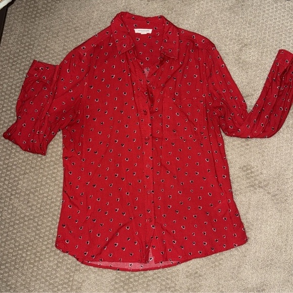 Beachlunchlounge Blue White Heart Button Down Red Blouse Size Small - Picture 5 of 9